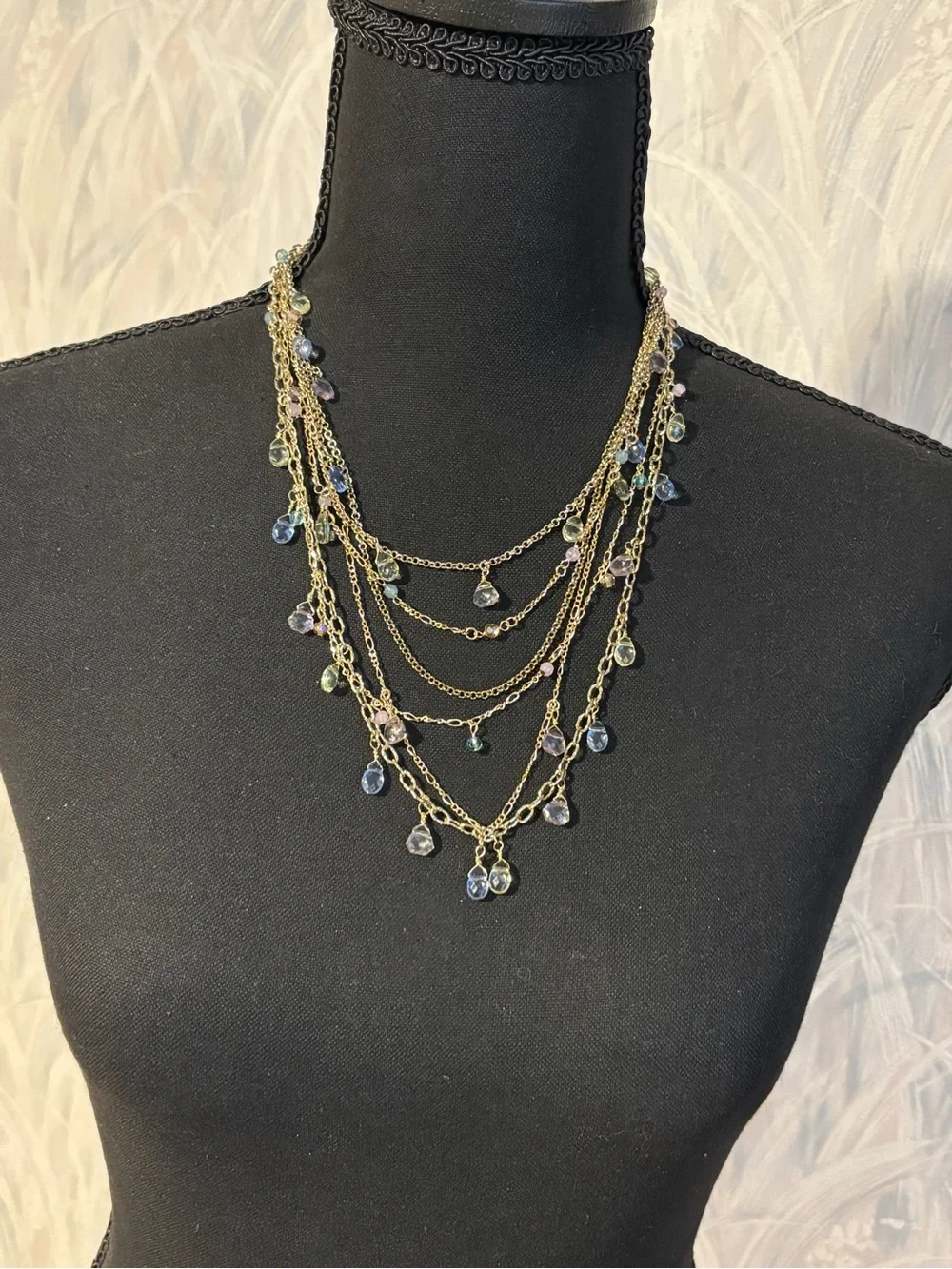 Talbots Multi-Strand Gold Necklace with Multi Colored Teardrop Crystal Beads